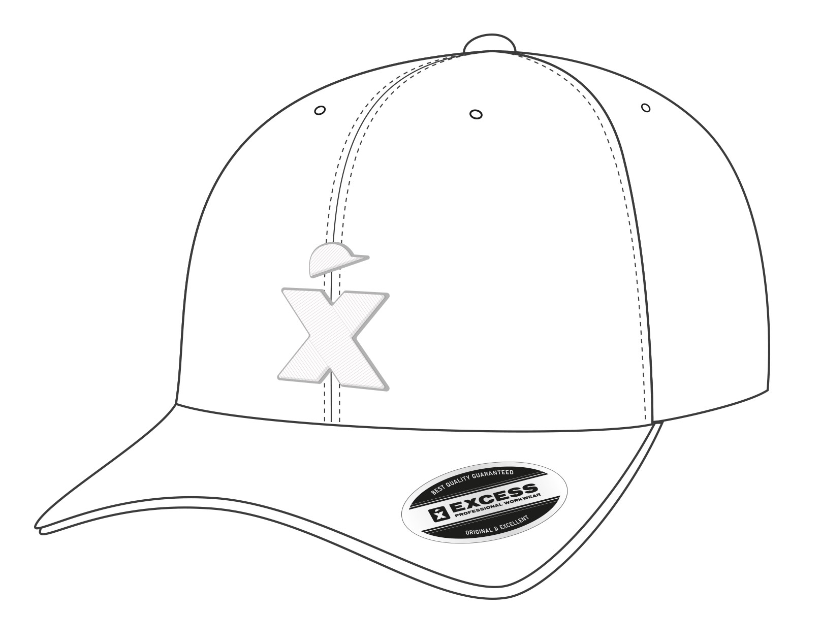 Weiße Baseball-Cap mit gebogenem Schirm, EXCESS Logo-Print vorne und Aufkleber mit Markenaufdruck auf dem Schirm.
