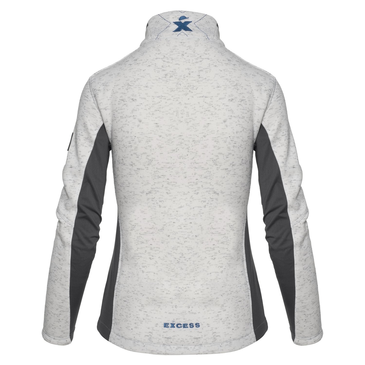 Excess Workwear Damenjacke weiß-meliert mit schwarzen Einsätzen, sportlicher Schnitt, Reißverschlusstaschen und Stehkragen.