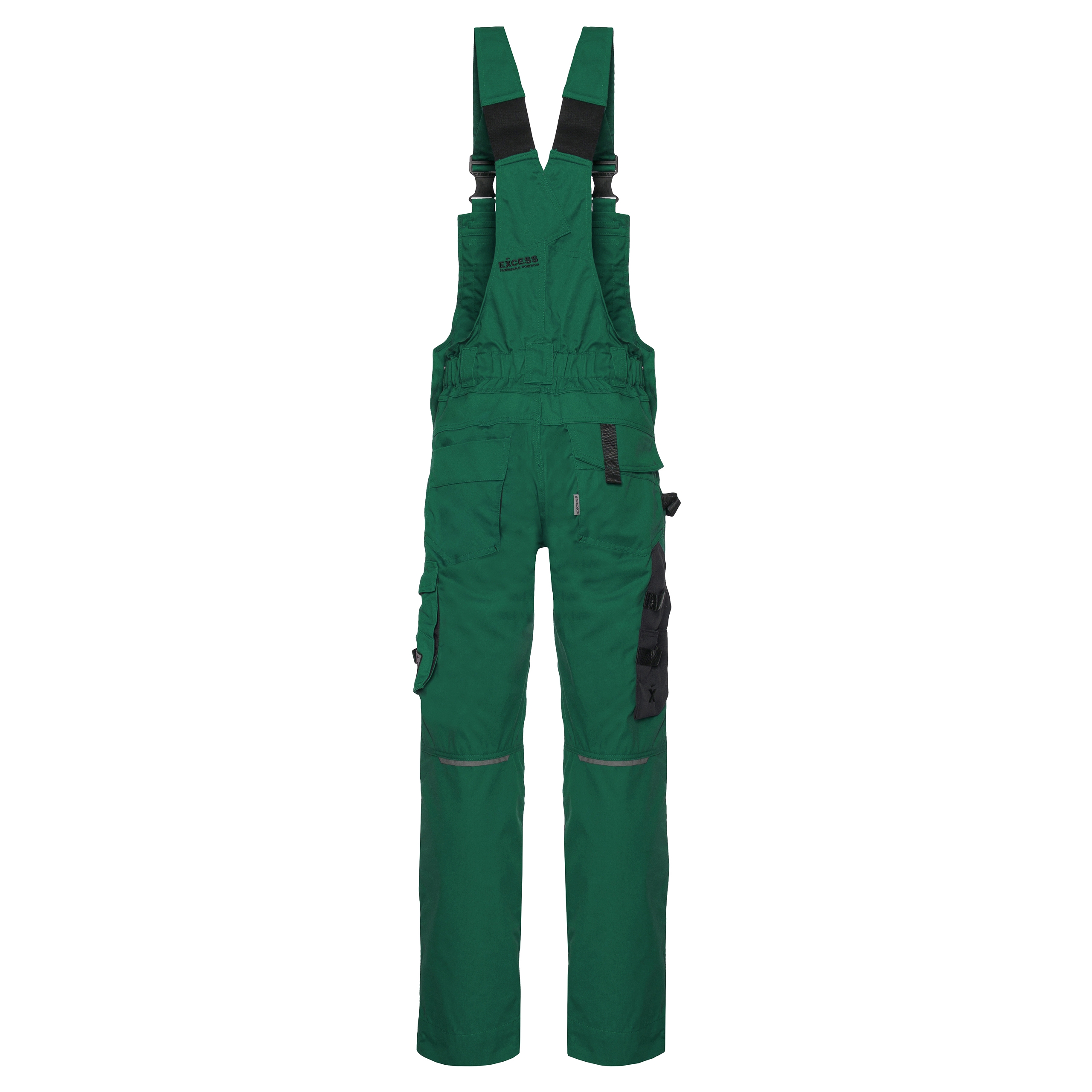 Grüne Latzhose mit schwarzen Knieverstärkungen und praktischen Taschen – strapazierfähige Arbeitslatzhose für Maler und Handwerker.