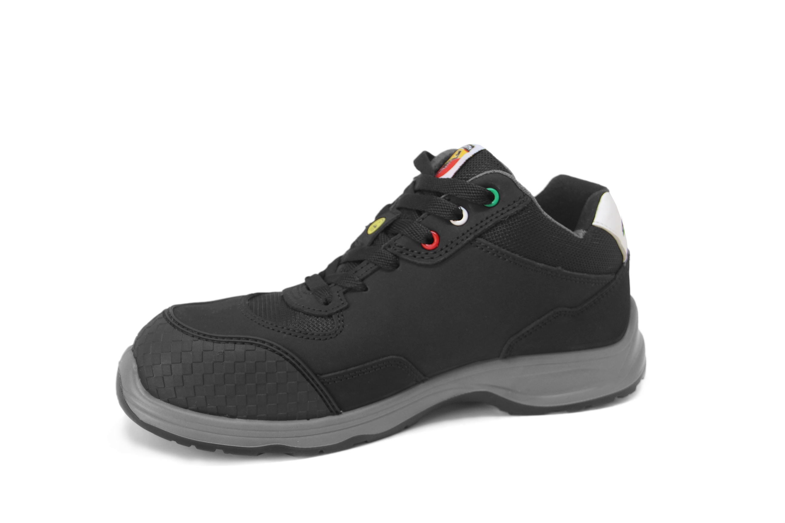 ABARTH Sicherheitsschuh schwarz mit grauer Laufsohle, seitliche Ansicht mit Logo und farbigen Ösen.