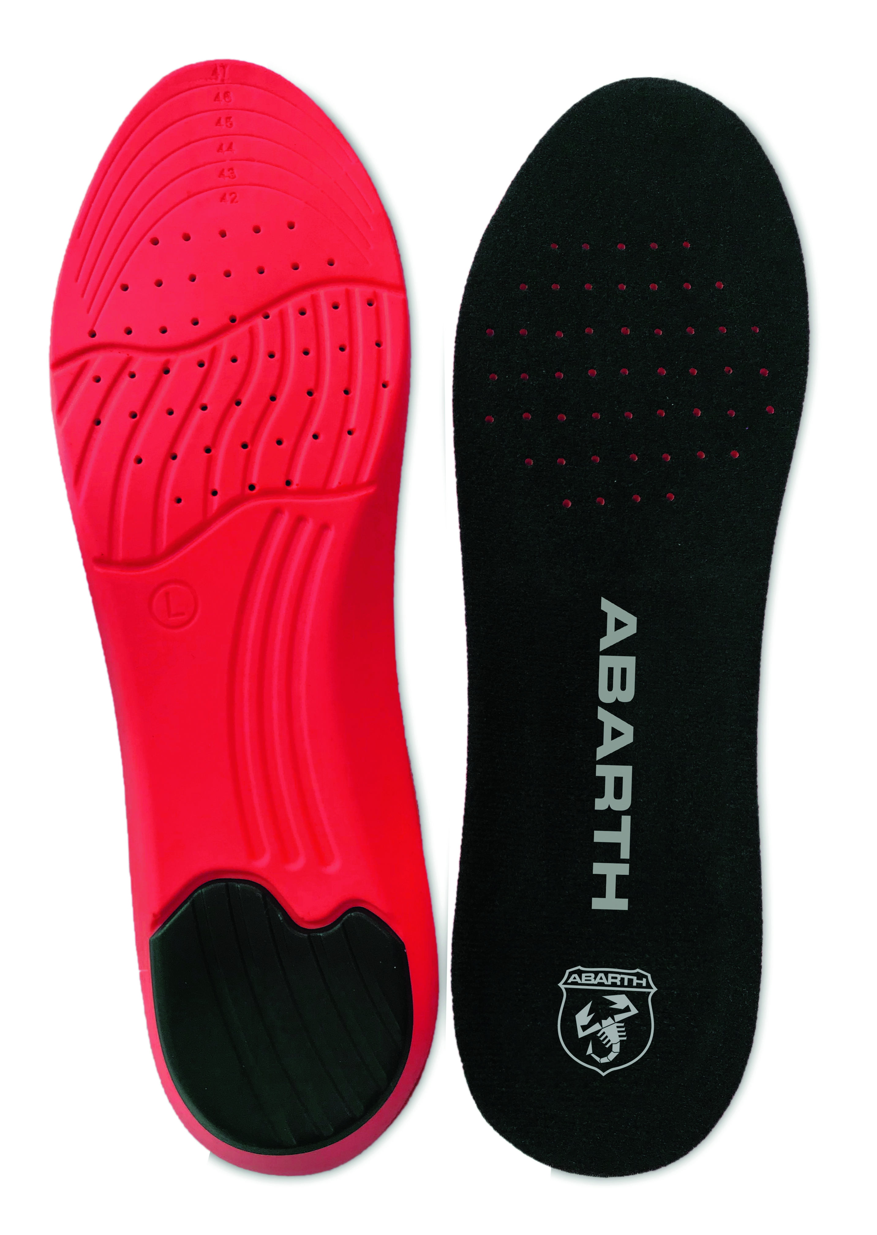 Abarth Einlegesohlen schwarz-rot mit Logo, ergonomische Schuhsohlen mit Dämpfung und Belüftung.