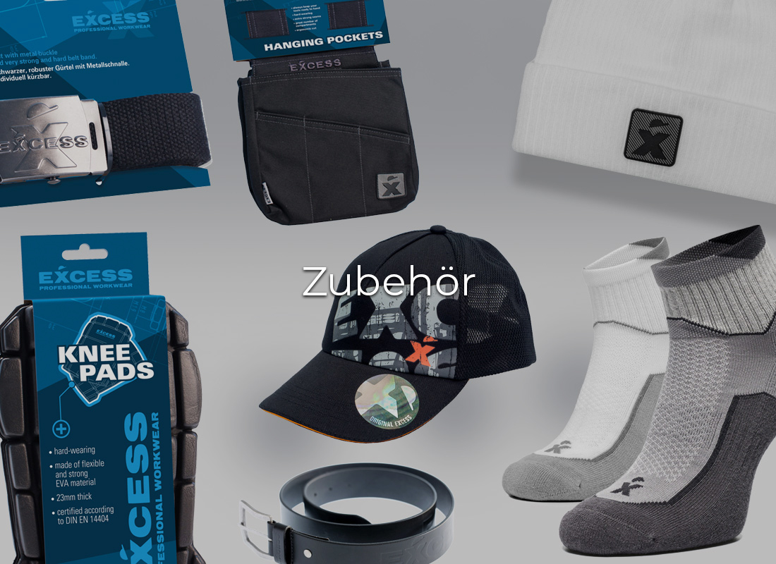 Zubehörkollektion der Marke Excess Professional Workwear mit Gürtel, Werkzeugtaschen, Knieschonern, schwarzer Kappe, weißer Mütze und Arbeitssocken. In der Bildmitte steht der Schriftzug „Zubehör“.