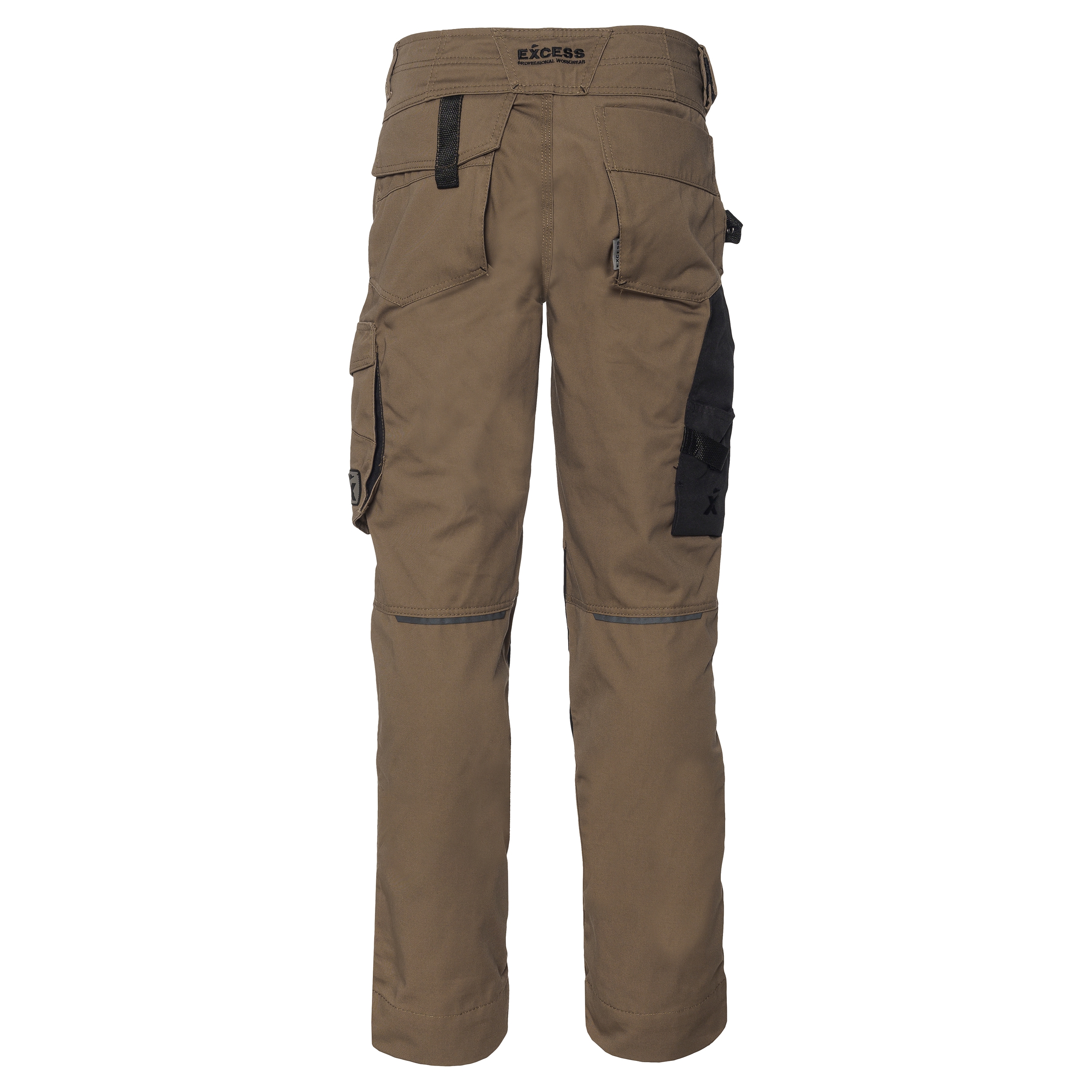 Rückansicht einer braunen Arbeitshose mit robusten Knieverstärkungen und Cargotaschen – strapazierfähige Handwerkerhose für Bau und Montage.