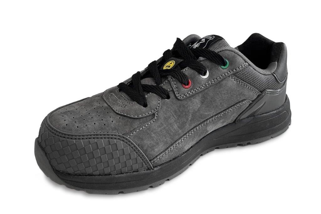 Grauer Sicherheitsschuh mit schwarzer Sohle, schwarzer Schnürung und seitlichem Muster, sportliches Design.