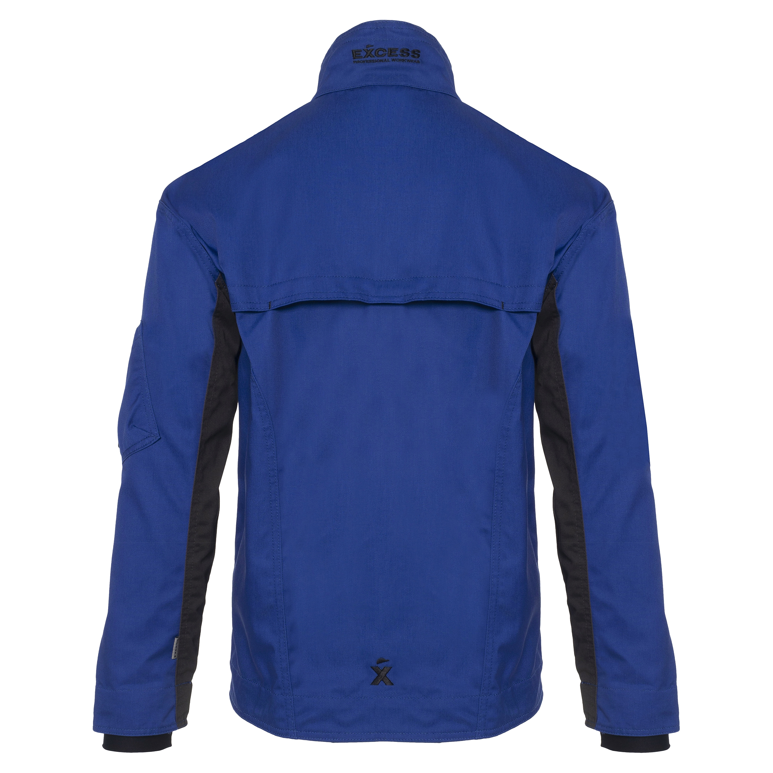 Rückansicht der blauen CHAMP Arbeitsjacke – Sportliche Arbeitsjacke mit verdecktem Reißverschluss und vielen praktischen Taschen.