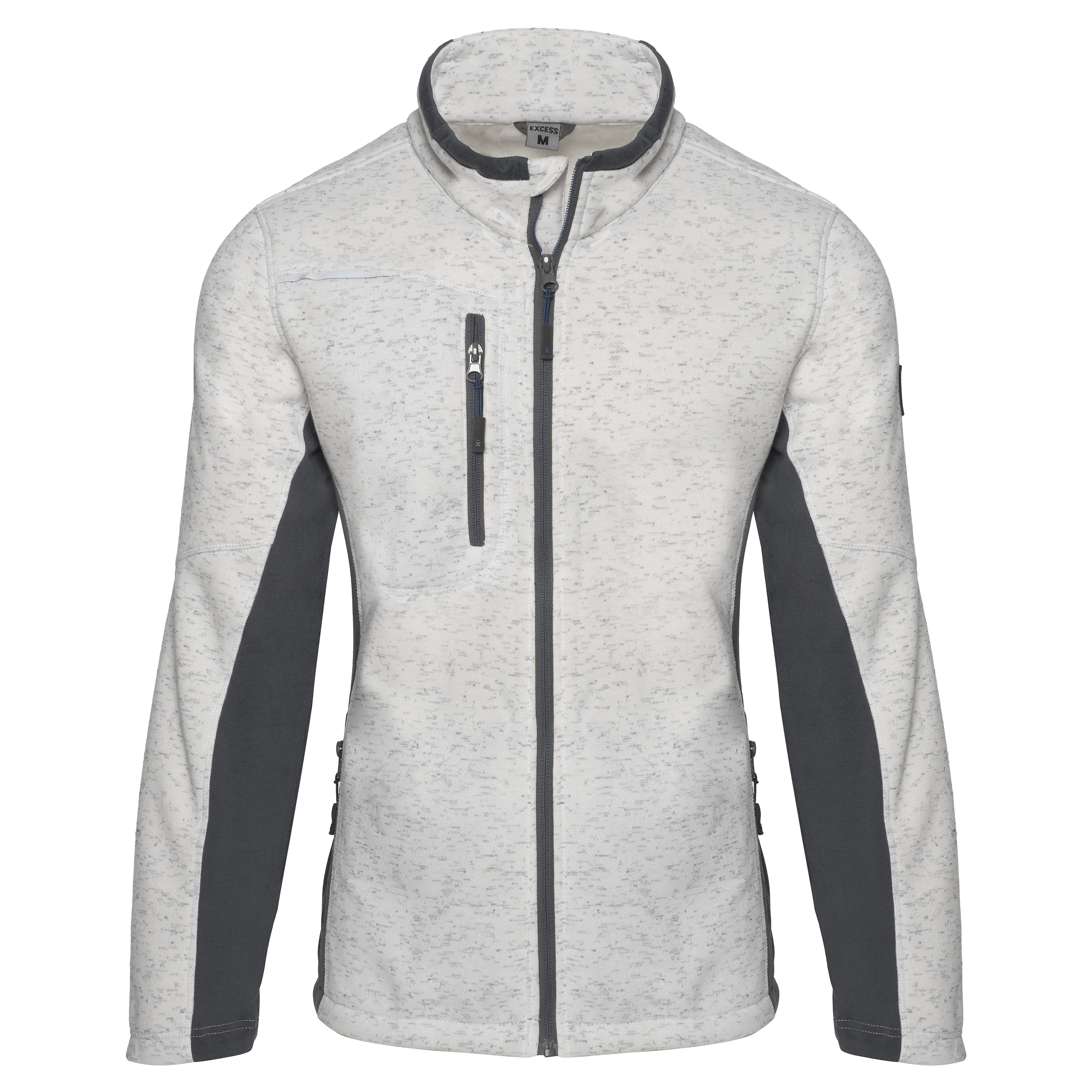 Excess Workwear Sweatjacke weiß-grau meliert mit grauen Einsätzen, sportlicher Schnitt, Reißverschlusstaschen und Stehkragen.