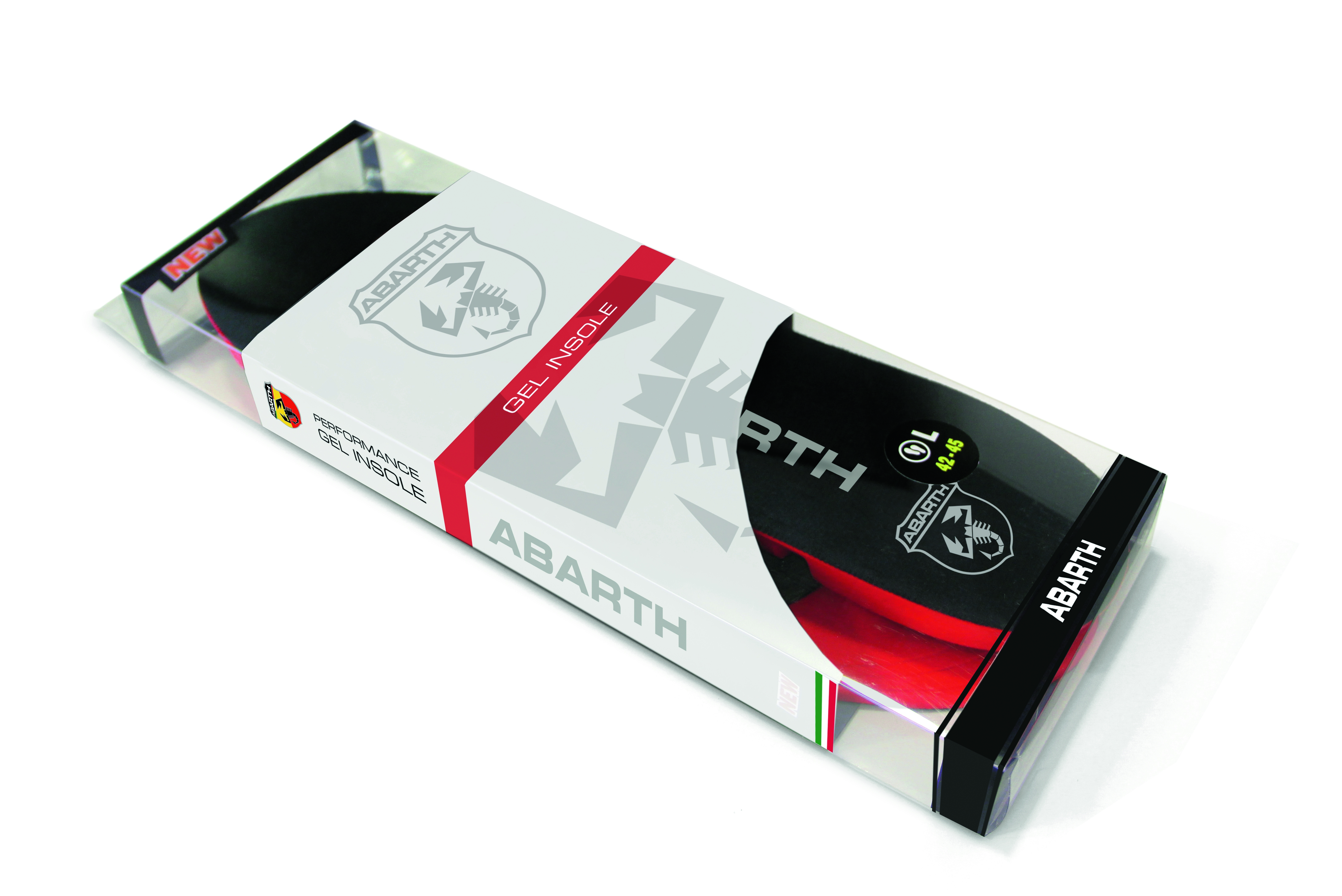 Schwarze Abarth Einlegesohlen mit Skorpion-Logo, verpackt in transparenter Schachtel mit roten und weißen Markenelementen.
