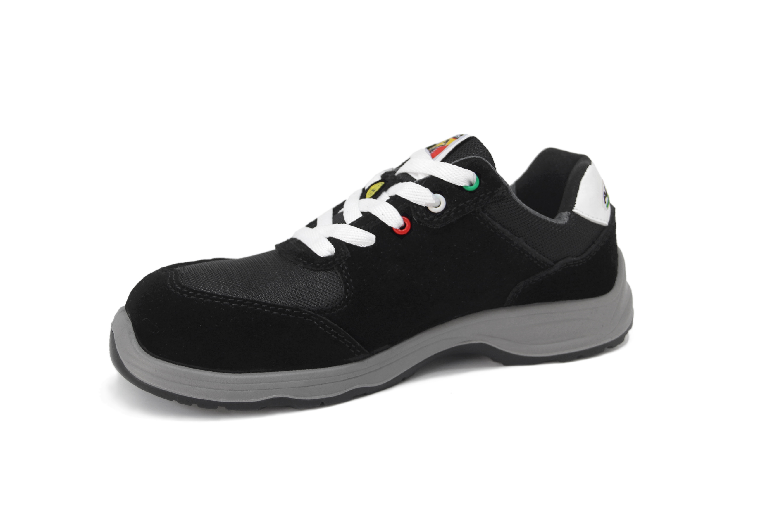 ABARTH Sicherheitsschuh schwarz mit weißer Schnürung, robuster grauer Laufsohle und verstärkter Ferse.