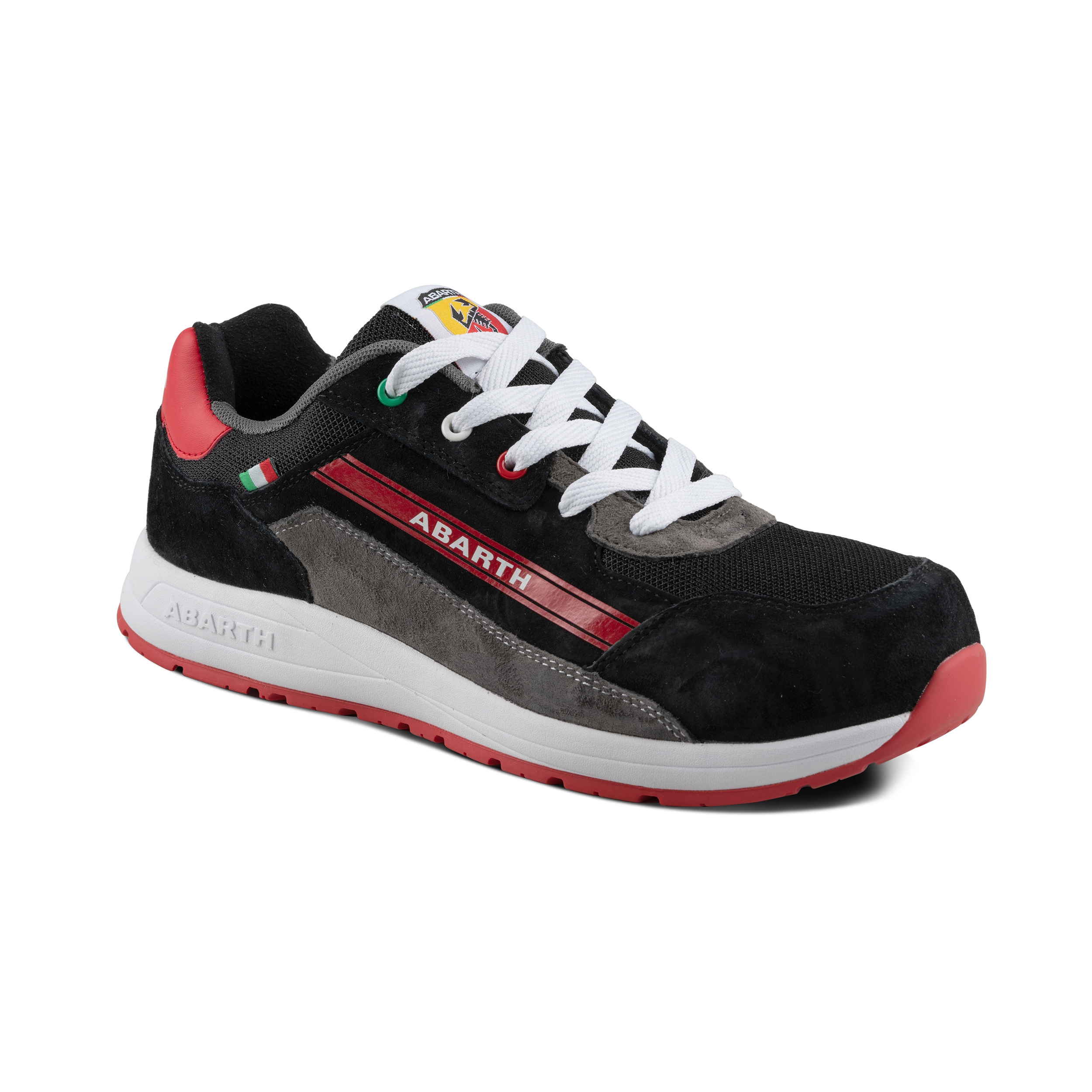 Abarth Arbeitsschuh in Schwarz-Rot mit weißen Schnürsenkeln, roter Profilsohle und markantem Seitenlogo.