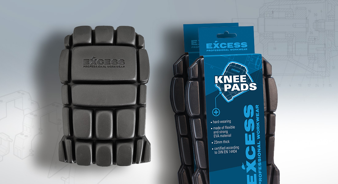 Schwarze Knieschoner der Marke Excess Professional Workwear, einer einzeln und einer in blauer Verpackung mit der Aufschrift „Knee Pads“ präsentiert.
