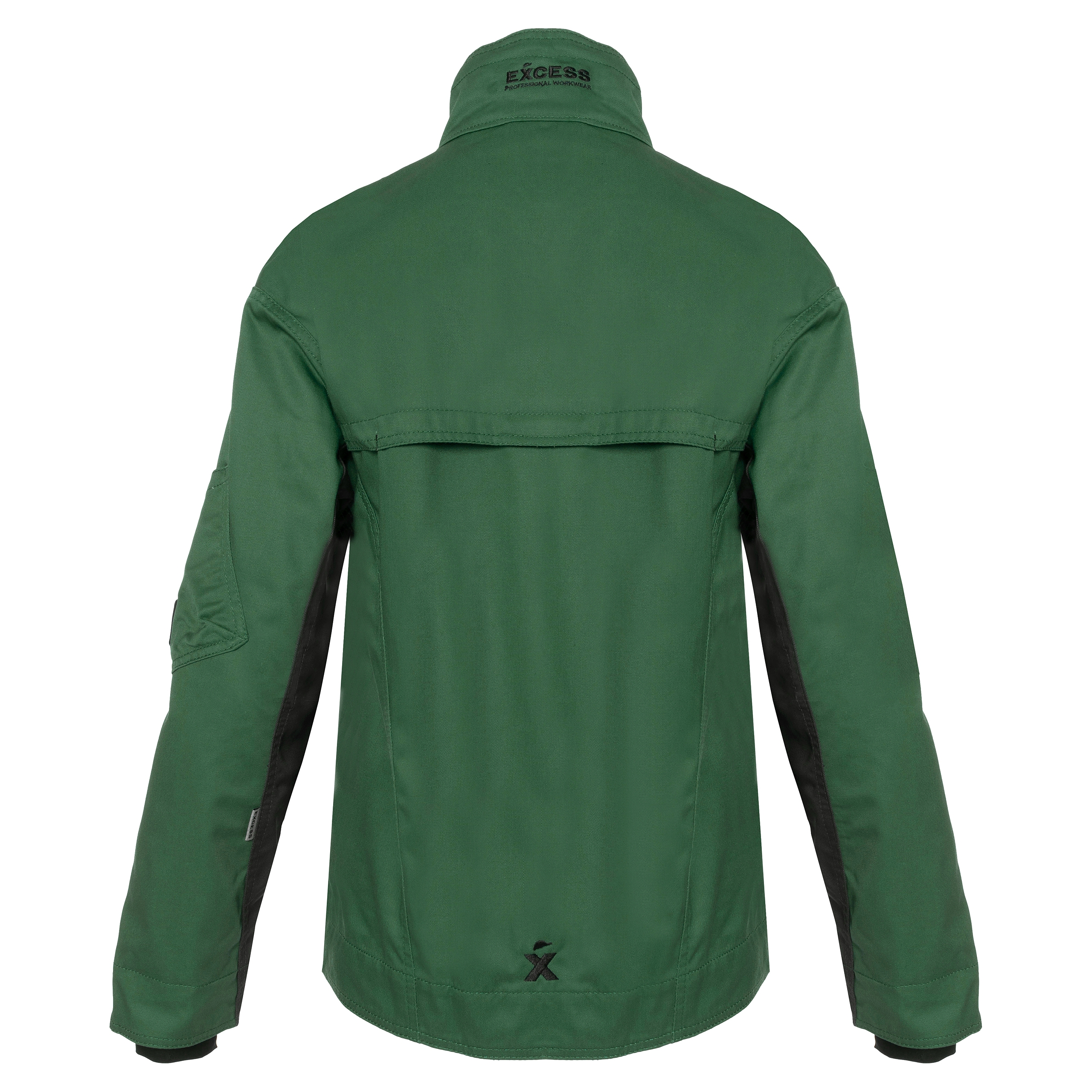 Rückansicht der grünen CHAMP Arbeitsjacke – Sportliche Arbeitsjacke mit verdecktem Reißverschluss und vielen praktischen Taschen.