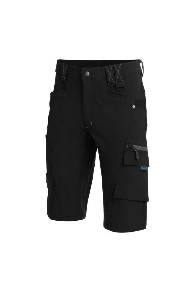 Schwarze Arbeitssbermudas aus Stretch mit praktischen Cargotaschen und robustem Design – funktionale Handwerkershorts für Bau und Montage.